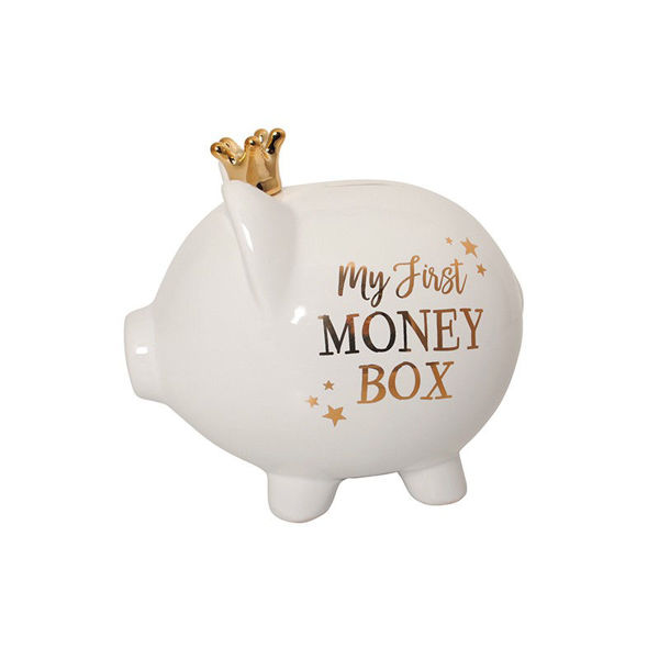 Picture of White Piggy Gold Crown Money Box